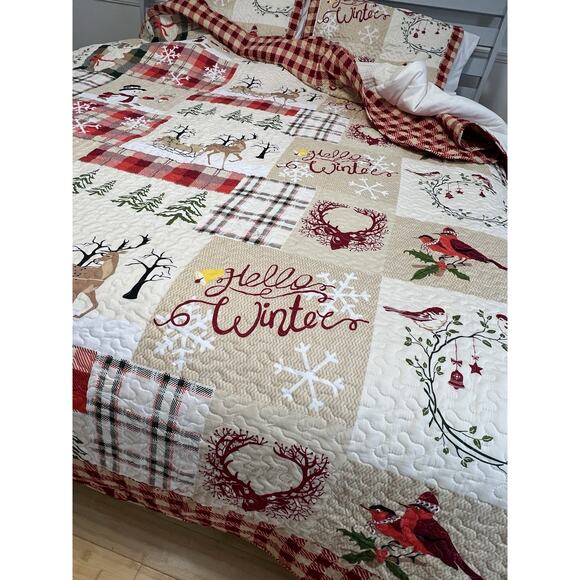 MarCielo Luxury Christmas Queen Patchwork Quilt Pillow Shams 3 piece Set Plaid - Picture 6 of 11